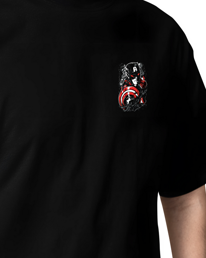 Black t-shirt with a graphic design on the chest