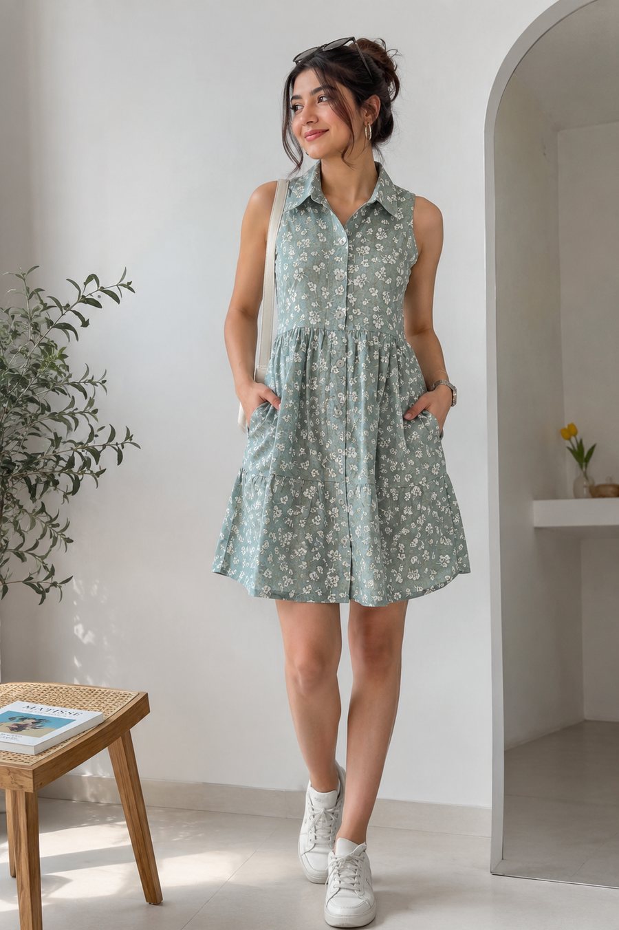 Sage Bloom Cotton Tiered Dress