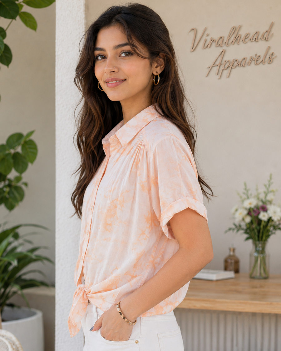 Peach Haze Front-Knot Crop Shirt