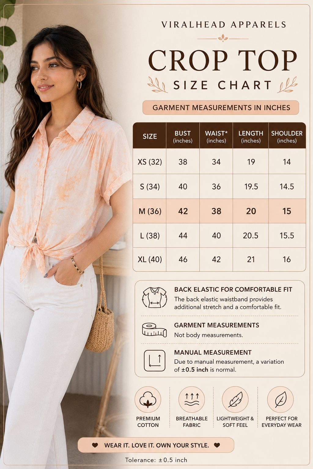 Peach Haze Front-Knot Crop Shirt size chart