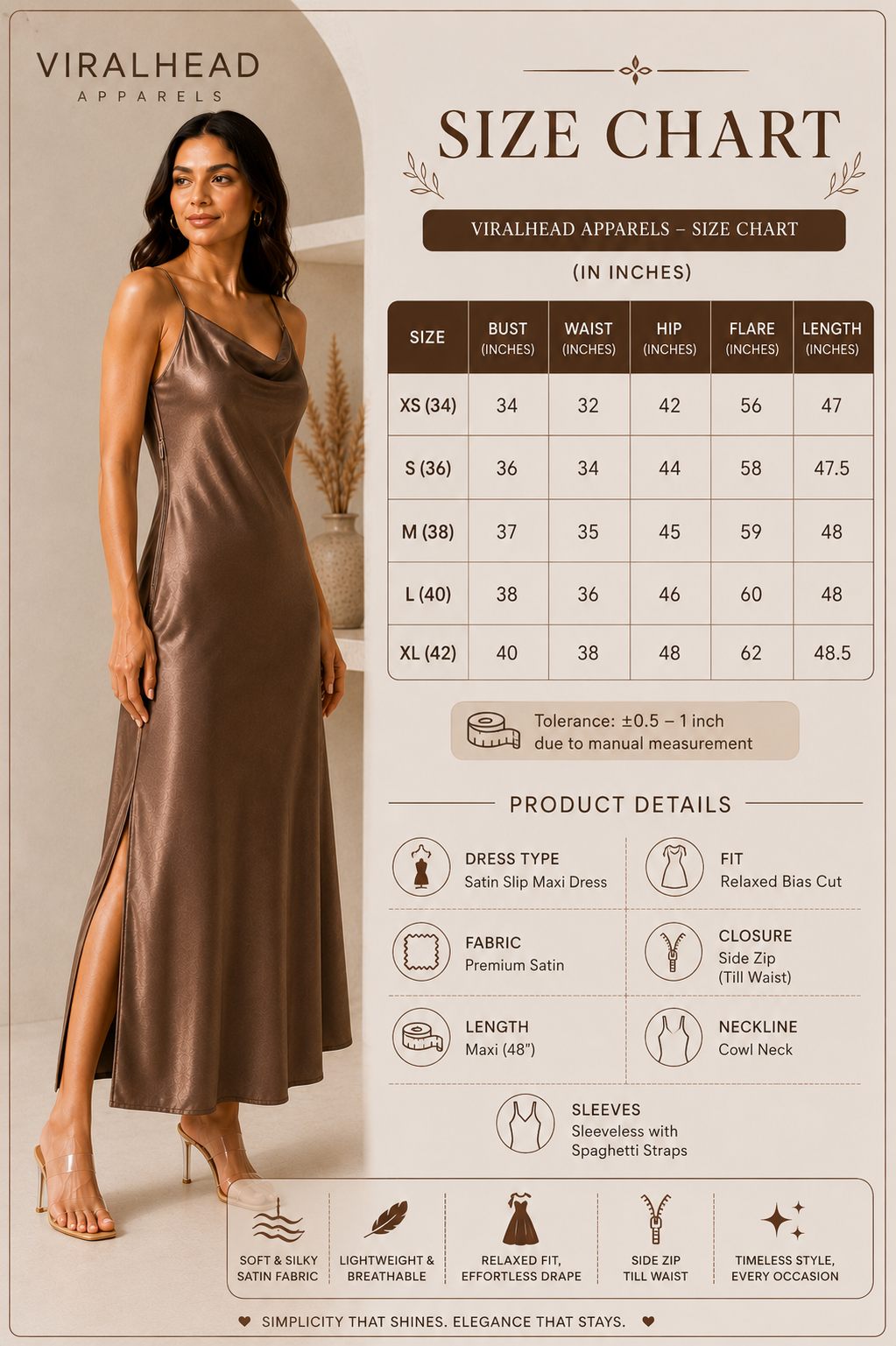 Celeste Satin Slip Dress size chart