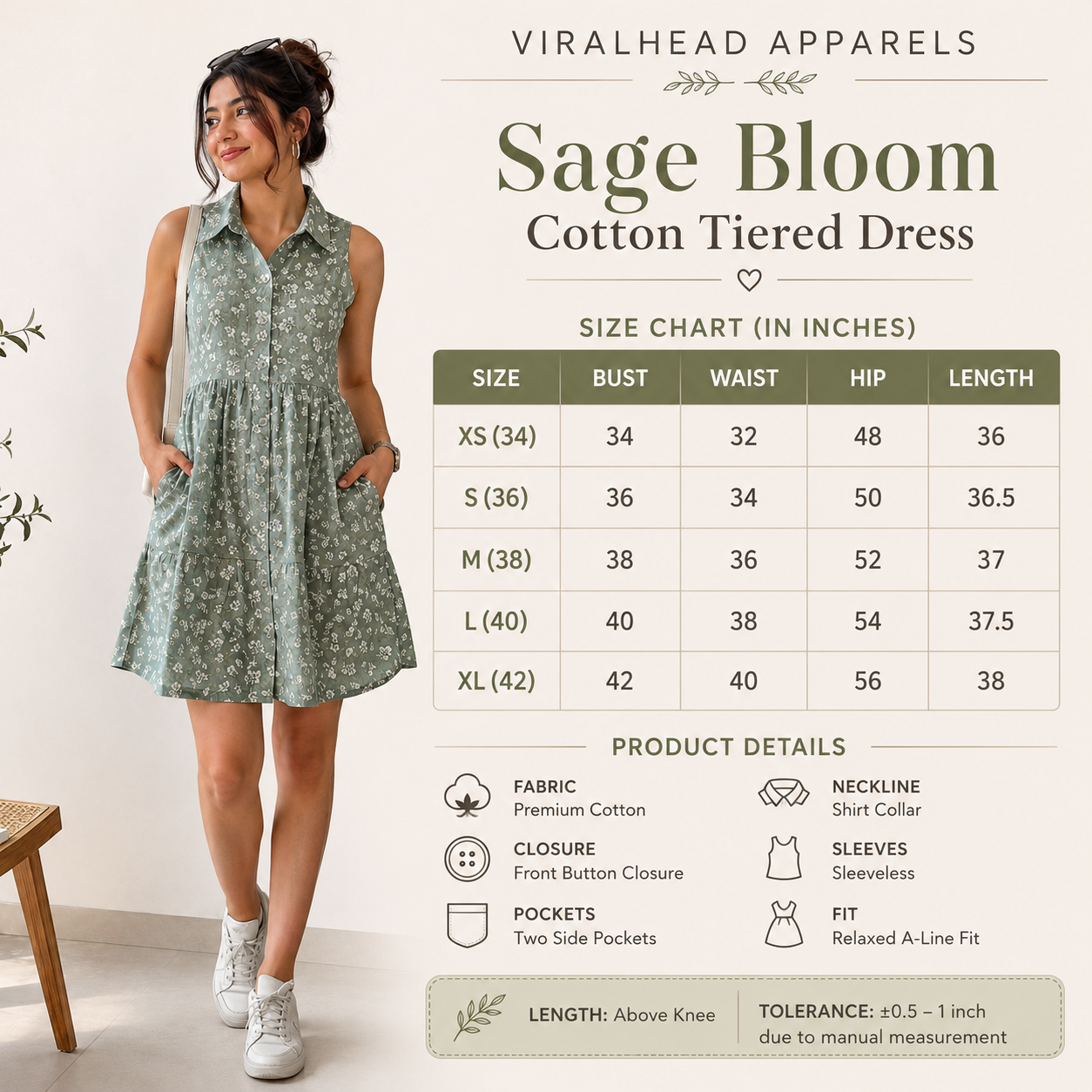 Sage Bloom Cotton Tiered Dress size chart