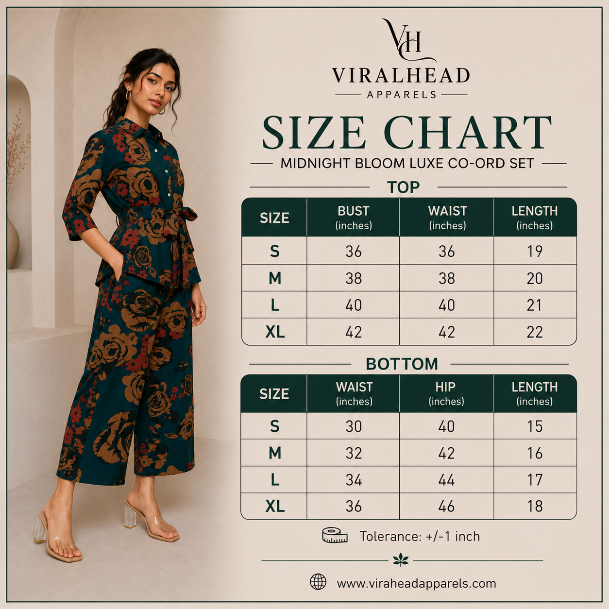 Midnight Bloom Luxe Co-ord Set size chart