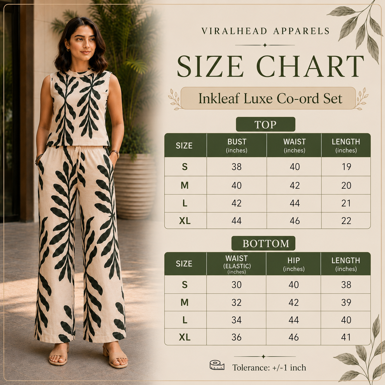 Inkleaf Luxe Co-ord Set size chart