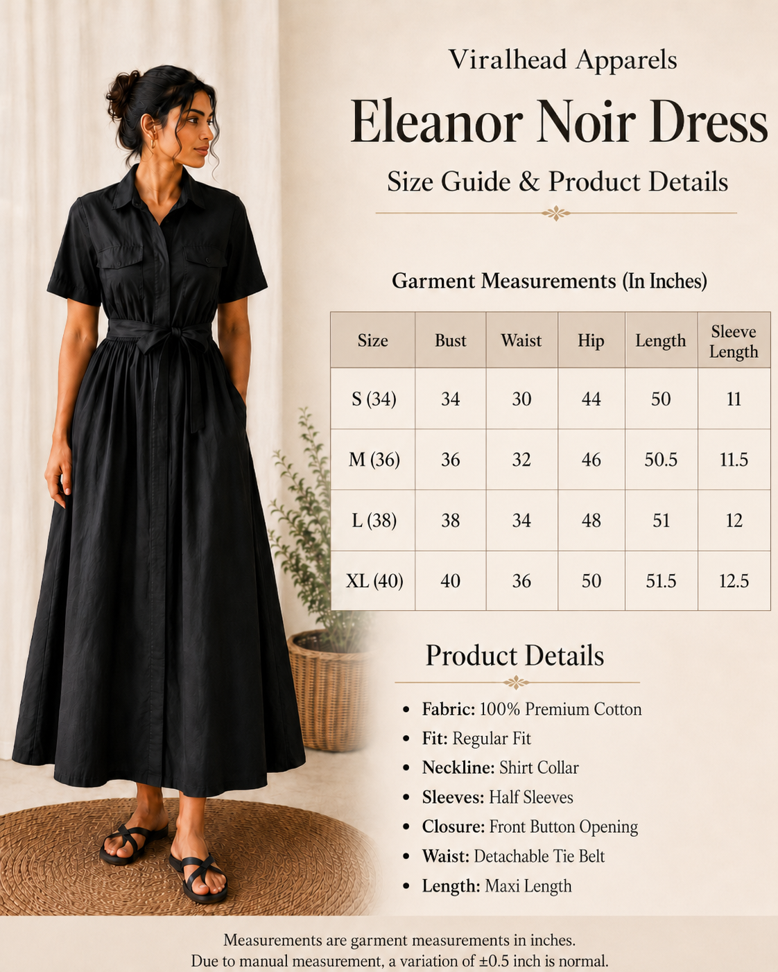 Eleanor Noir Dress size chart