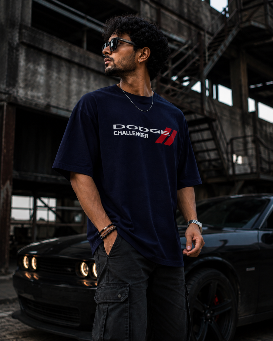 Dodge Challenger Blueprint Oversized T-Shirt – Navy – ViralHead