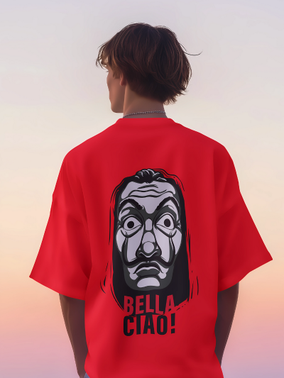 Person wearing a red t-shirt with a graphic design and 'Bella Ciao!' text on the back.