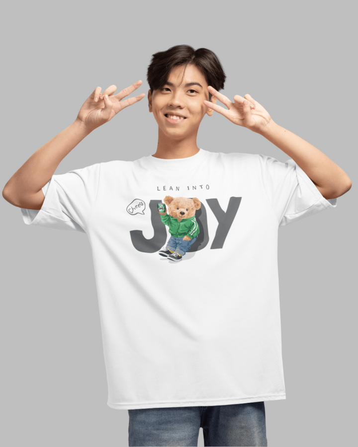 Person wearing a white t-shirt with a graphic of a bear and text, making peace signs.