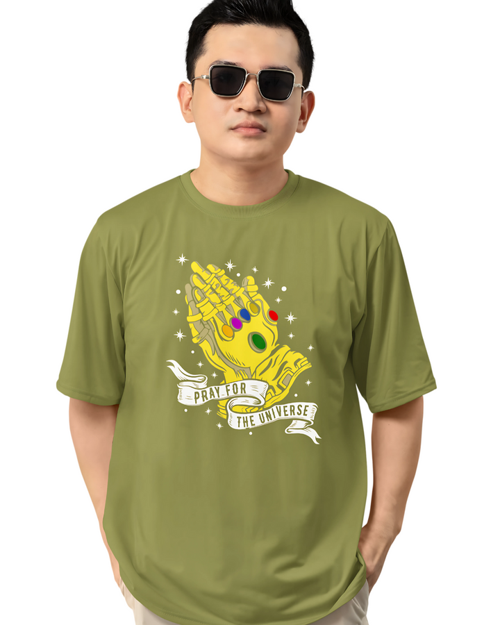 Man wearing a green t-shirt with a colorful graphic design on a white background