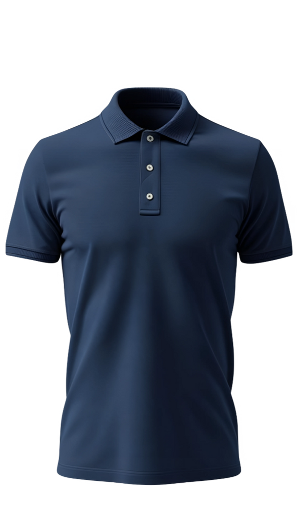 Navy blue polo shirt on a white background