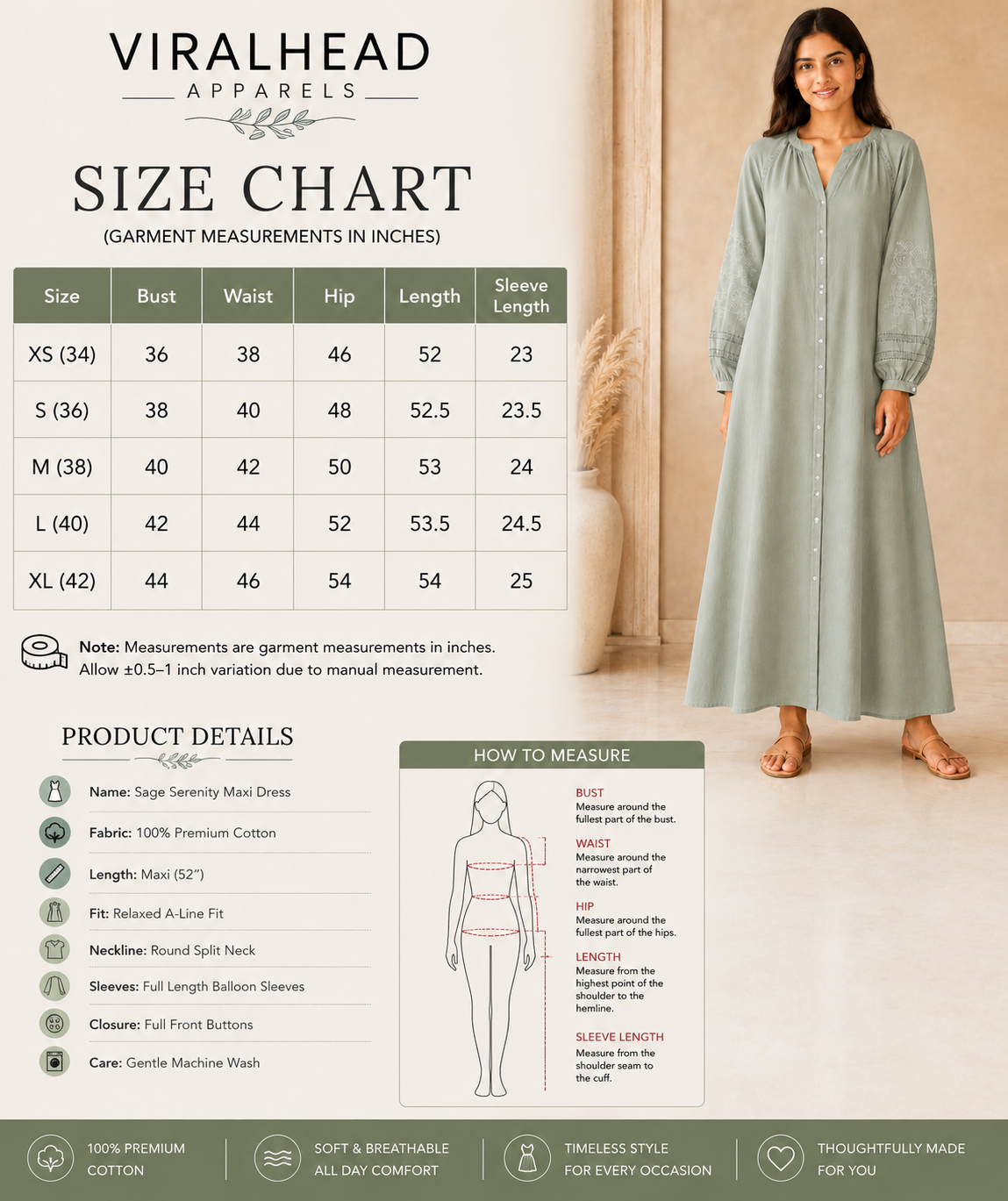 Sage Serenity Maxi Dress size chart
