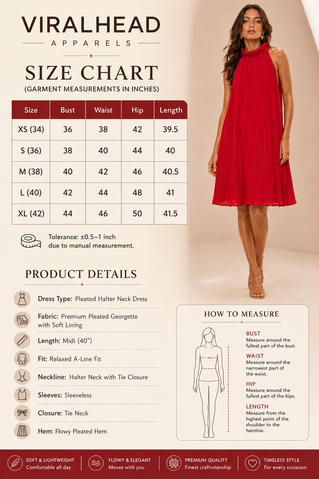 Scarlet Muse Pleated Halter Midi Dress size chart