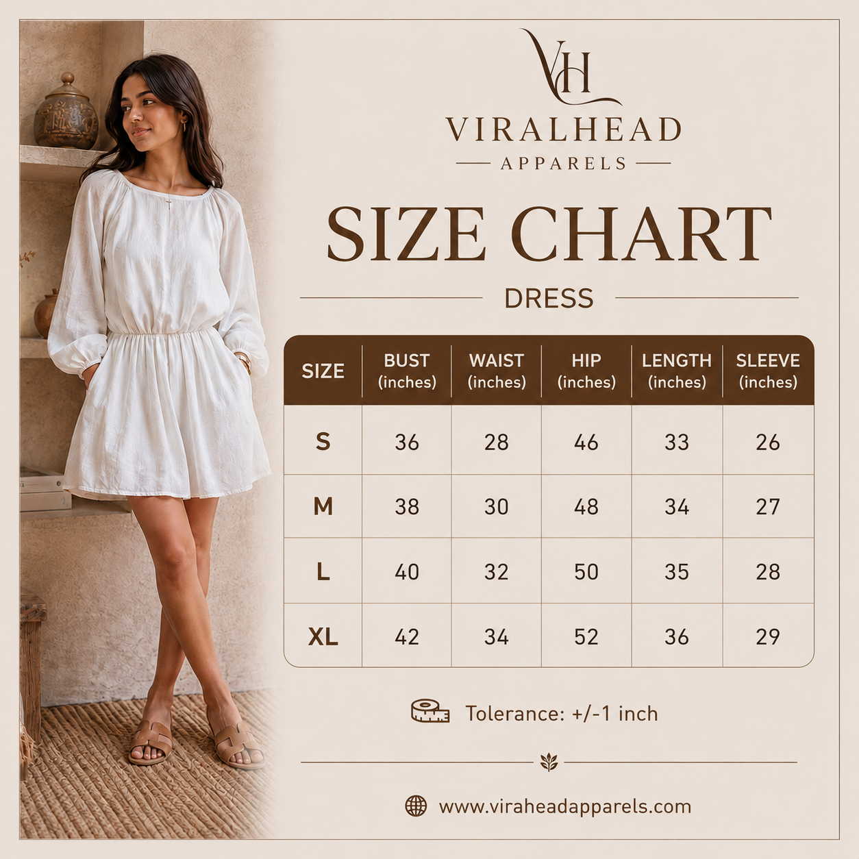 White Elegance- Midi Dress size chart - Viralhead Apparels
