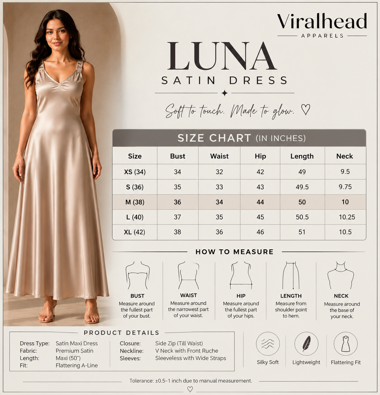 Luna Pearl Satin Maxi Dress size chart