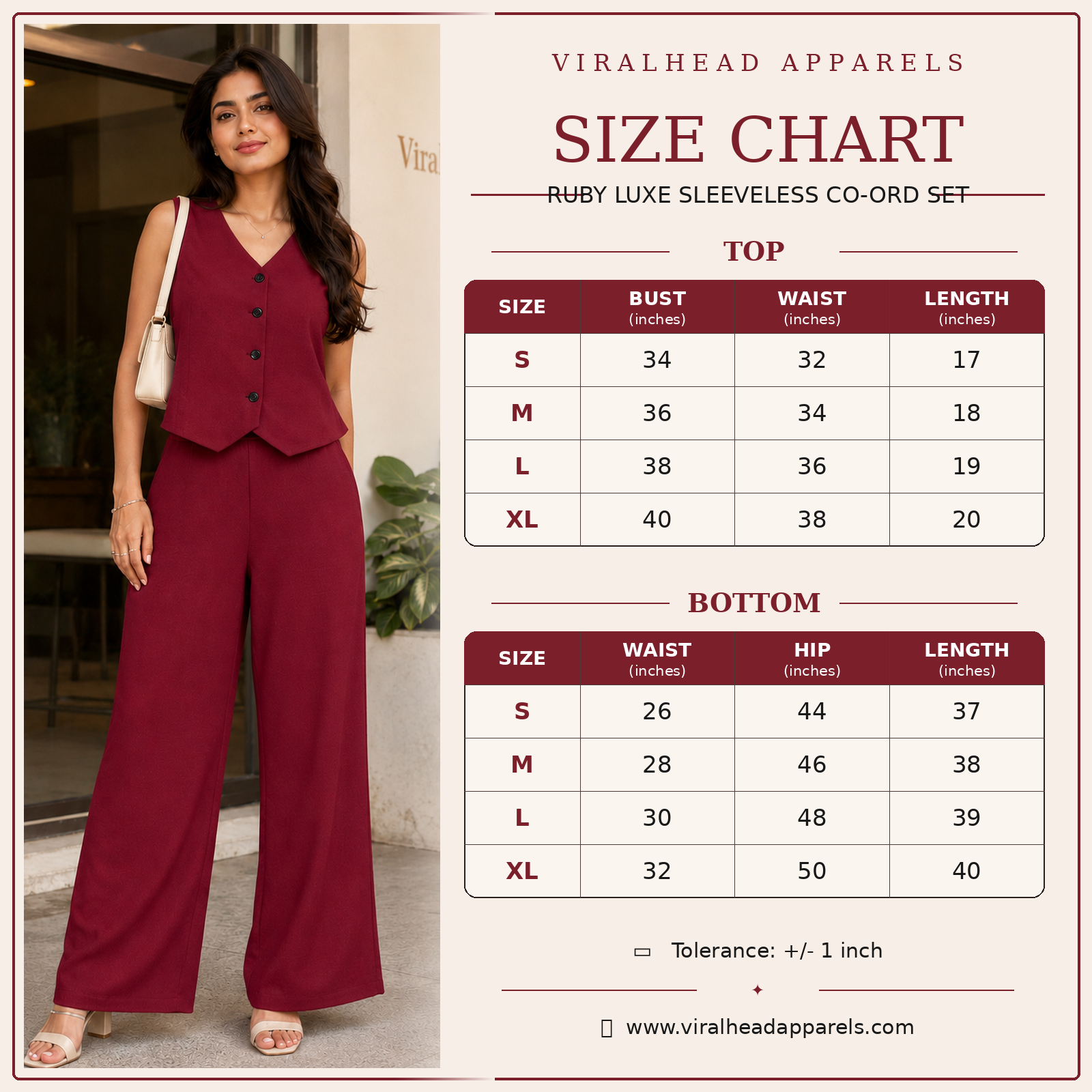 Ruby Luxe Sleeveless Co-ord Set size chart